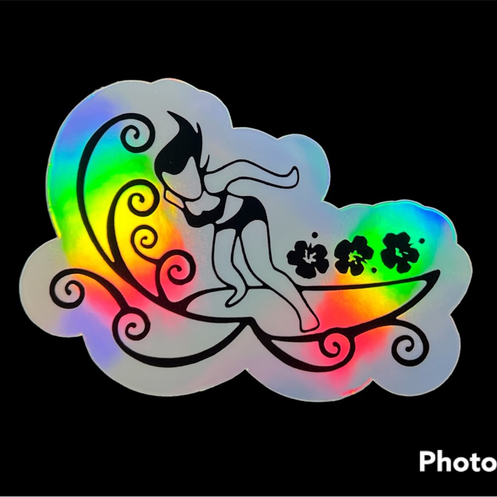Girl Surfing Waterproof Holographic Vinyl Sticker